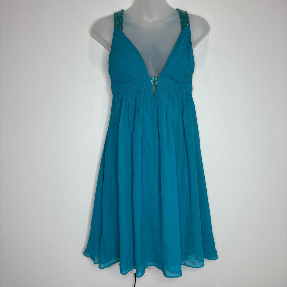 Niteline Y2K vintage 100% Silk beaded cocktail babydoll blue teal dress size 6